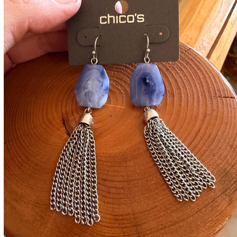 Chicos Judy Tass Earrings Blue Marbled Stone Silver Tone Chain Tassel NWT